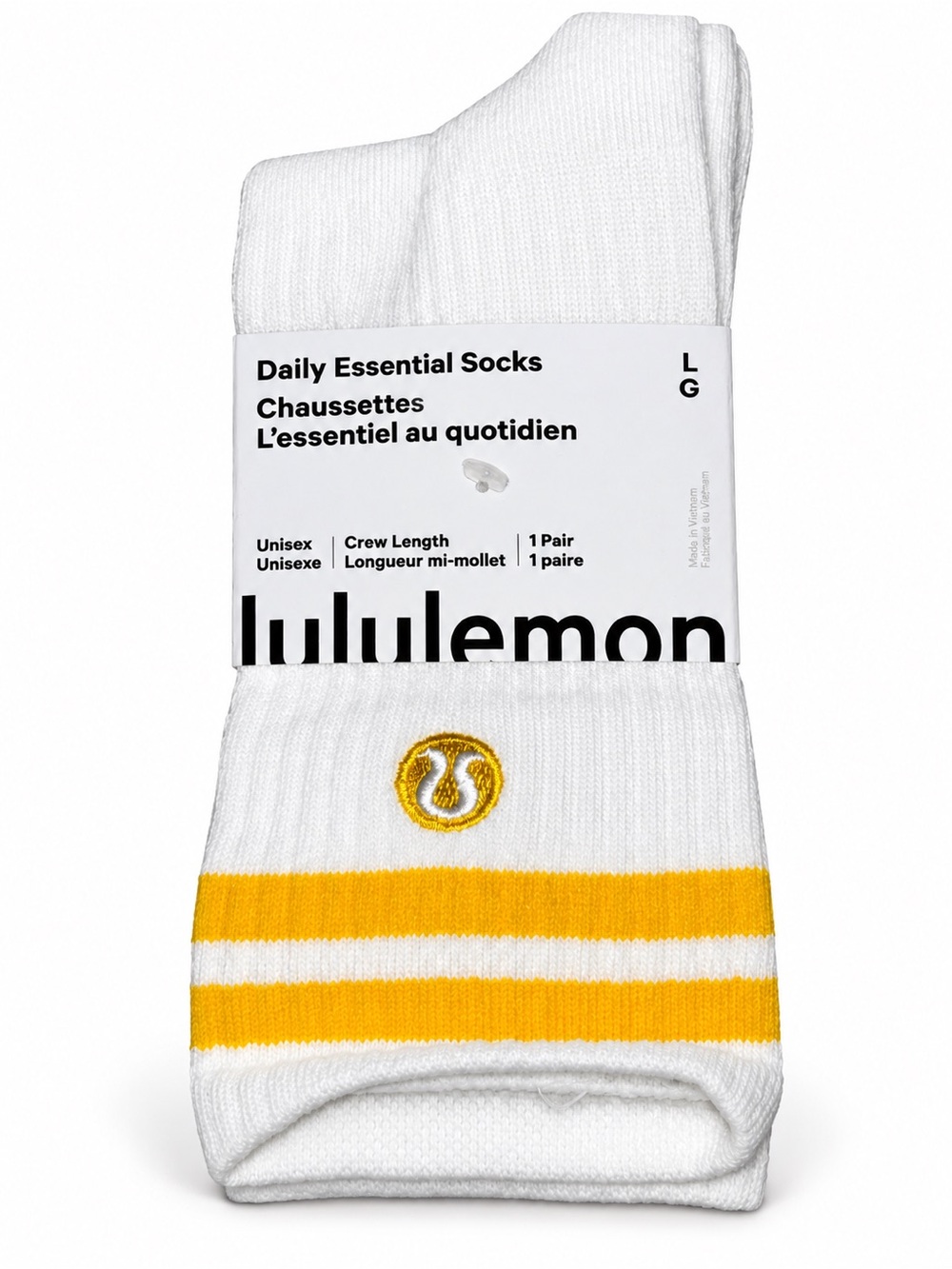 lululemon Daily Essential Crew Socks Blue Yellow Logo Unisex Large 1 Pair